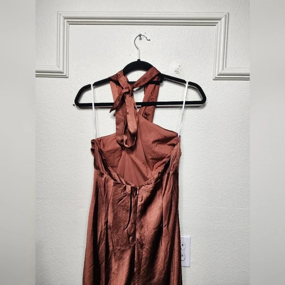 Lulu's Start of Forever Brown Satin Halter Mermaid Maxi Dress Wedding Party - Picture 10 of 12